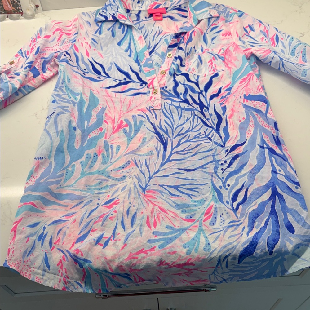 Lilly Pulitzer Natalie Cover-up Dress Crew Blue Tint kaleidoscope Coral
